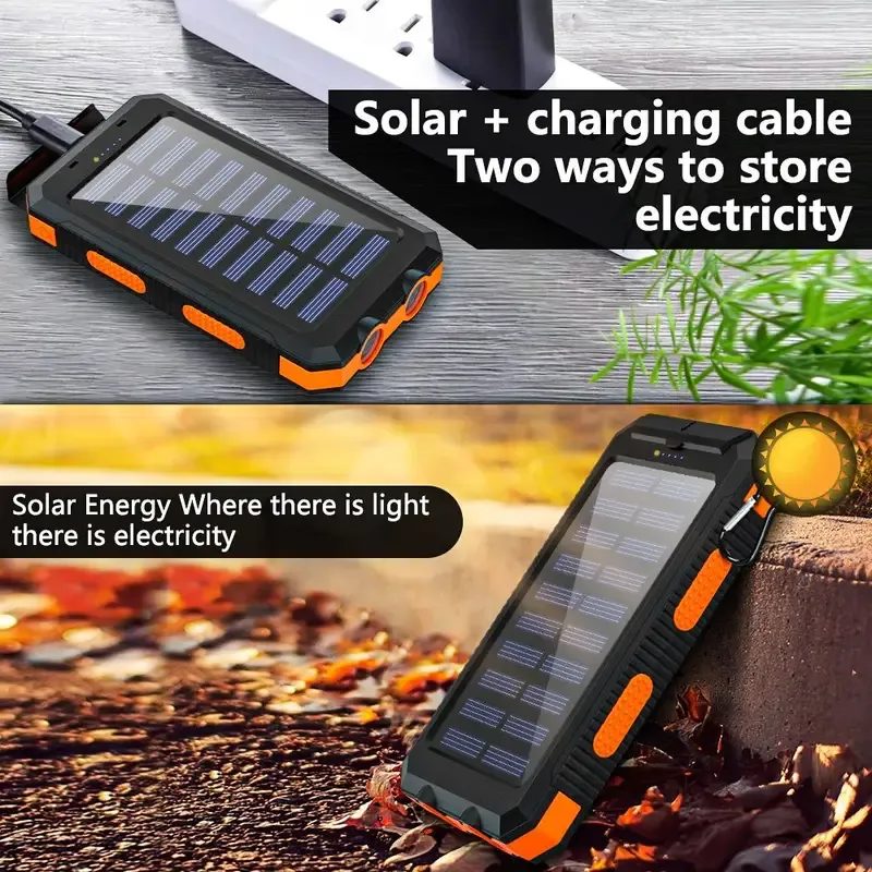 1pc, 10000mAh Capacity Portable Charger Solar Power Bank Dual 5V USB Ports Output With LED Flashlight, Compass For Mobile Phones, Mobile Devices, Travel, And Camping External Backup Battery Pack, The Best Gift For Festival