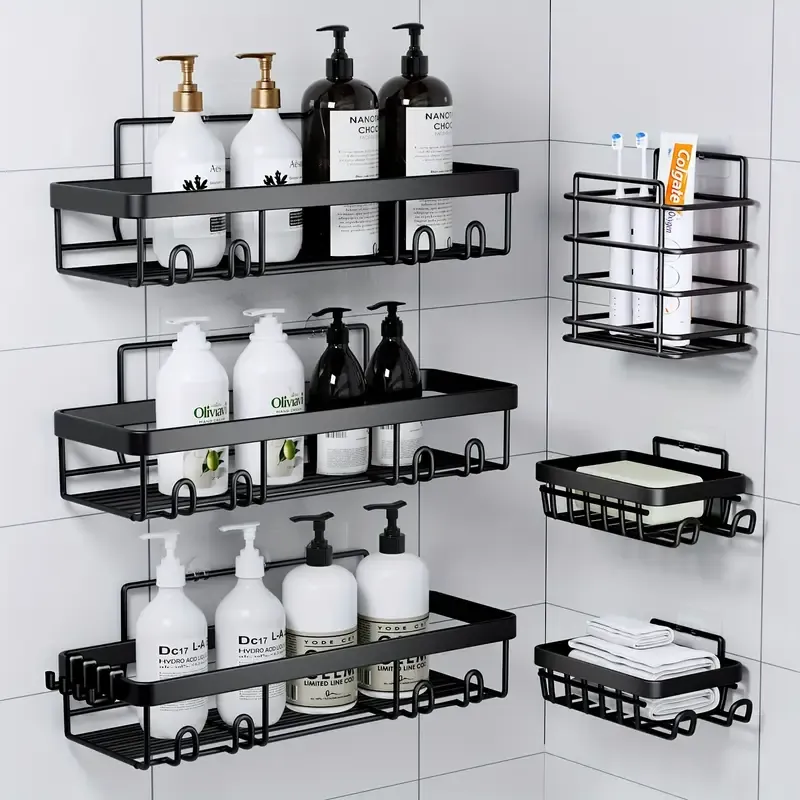 Stainless Steel Shower Caddy 6 Pcs Stainless Steel Shower Caddy - Bathroom Shower Organizers, Black Wall Rack Baskets Adhesives Mounted Bins  Containers