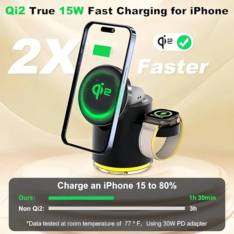 3in 1 Charging Station for Apple-Devices, Mag-Safe Charger Stand, CylinTrick-R Qi2 15W Auto-Rotating Wireless Charging Station for iPhone 16 15 14 13 12 Series& Air-Pods& IWatch(15W Charger Included)