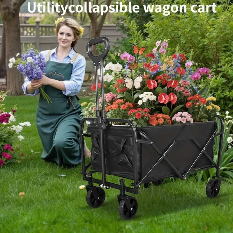 450 lb Capacity Heavy-Duty All-Terrain Folding Cart - Stainless Steel Frame and 600D Oxford Fabric, Foldable Multi-Purpose Wagon for Camping, Gardening, Beach, Shopping - No Assembly Required, Black Garden Tool Holder, Sturdy Handle Design, Durable Wheel Construction