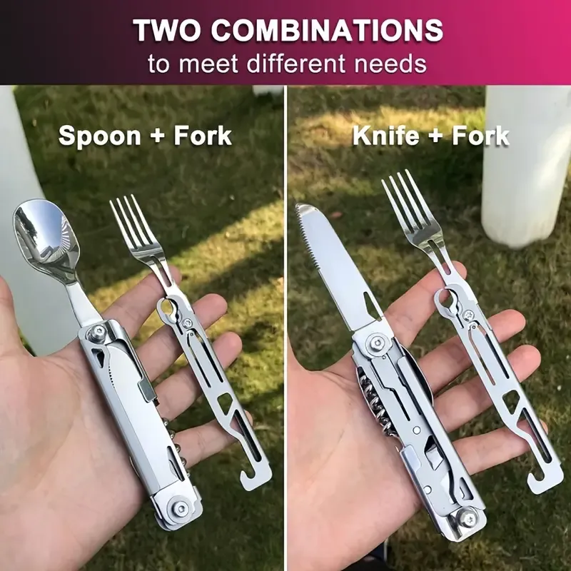 A Versatile Folding Outdoor Tableware Set With 5 In 1, Including Knife, Fork, Spoon, Bottle Opener, Made Of Stainless Steel, Easy To Clean, And Comes With A Storage Bag, Perfect For Camping.