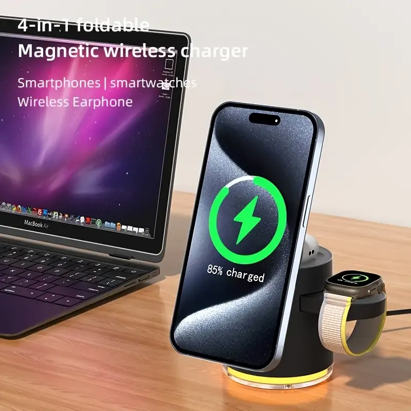 3in 1 Charging Station for Apple-Devices, Mag-Safe Charger Stand, CylinTrick-R Qi2 15W Auto-Rotating Wireless Charging Station for iPhone 16 15 14 13 12 Series& Air-Pods& IWatch(15W Charger Included)