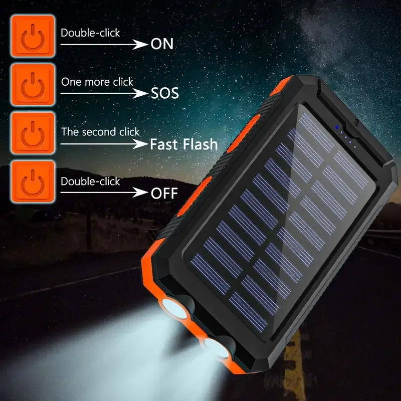 1pc, 10000mAh Capacity Portable Charger Solar Power Bank Dual 5V USB Ports Output With LED Flashlight, Compass For Mobile Phones, Mobile Devices, Travel, And Camping External Backup Battery Pack, The Best Gift For Festival