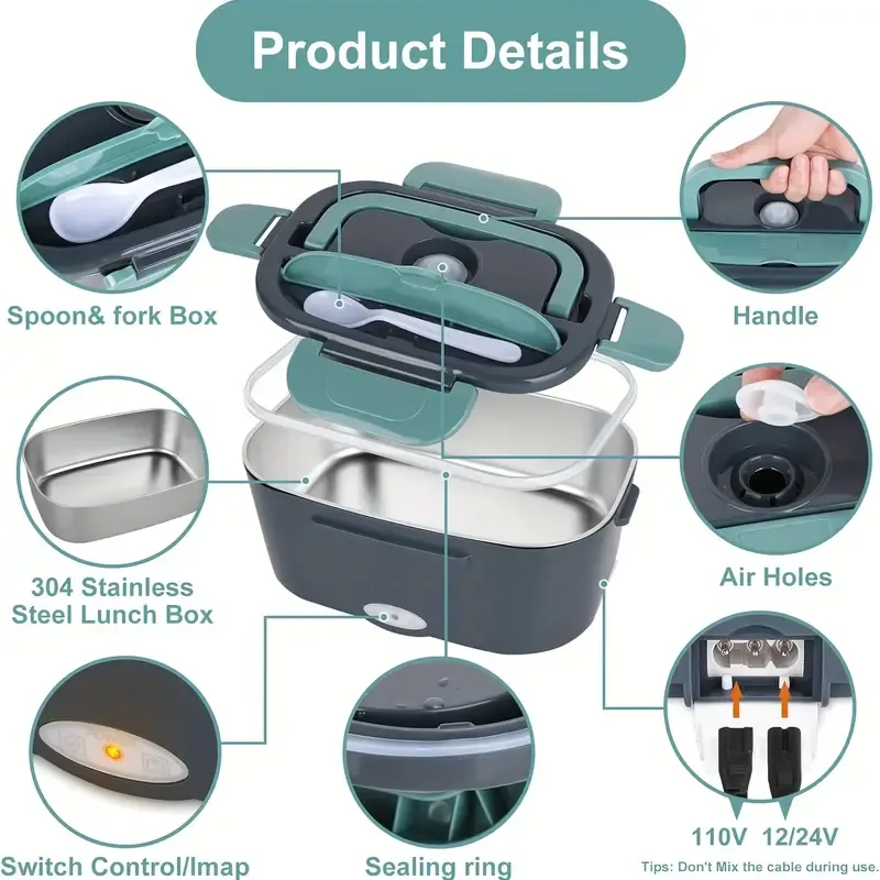 1 Set, Electric Heating Lunch Box Food Warmer, Portable Lunch Box for Home And Car, 12V 110V Adult Car Truck Work Lunch Box, 50.72oz Removable 304 Stainless Steel Container, Free Fork And Spoon with Insulation Bag, Can Be Used In Home Car Office Use