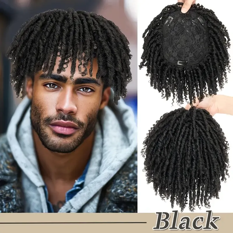1pc Unisex Afro Curly Kinky Dreadlocks Hair Topper - Handmade Crochet Braided Clip-In Hair Extensions, Synthetic Faux Locs Toupee, Reggae Punk Dreads Wiglet, Hairpiece for Thinning Hair, Black Brown