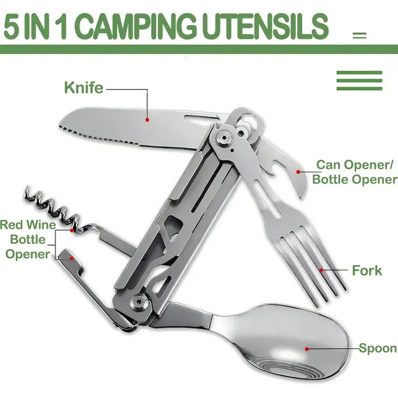 A Versatile Folding Outdoor Tableware Set With 5 In 1, Including Knife, Fork, Spoon, Bottle Opener, Made Of Stainless Steel, Easy To Clean, And Comes With A Storage Bag, Perfect For Camping.