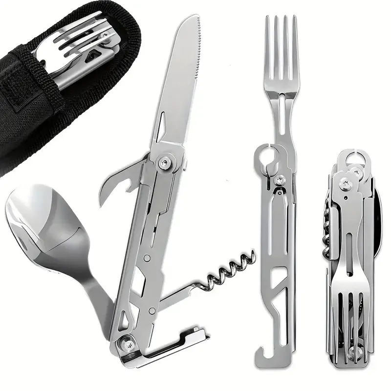 A Versatile Folding Outdoor Tableware Set With 5 In 1, Including Knife, Fork, Spoon, Bottle Opener, Made Of Stainless Steel, Easy To Clean, And Comes With A Storage Bag, Perfect For Camping.