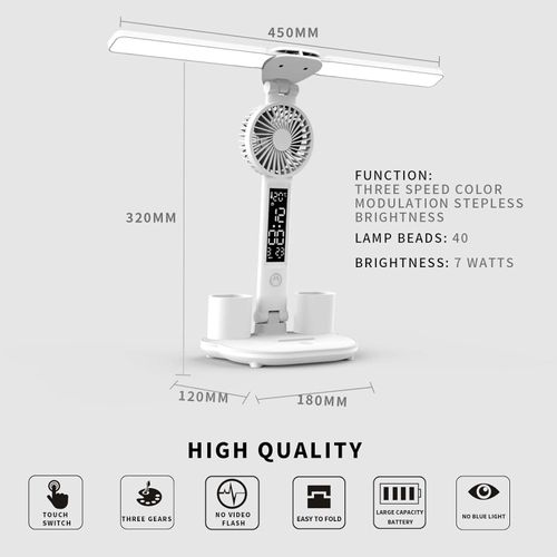 Desk lamp, LED Desk Lamps with Fans, USB Charging Port, Adjustable Foldable Table Lamp Touch Dimming Bedside Lamp with Pen Holder, Home Office Desk Lamp
