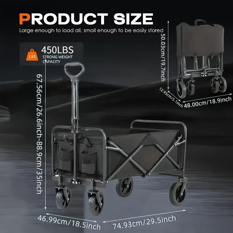 450 lb Capacity Heavy-Duty All-Terrain Folding Cart - Stainless Steel Frame and 600D Oxford Fabric, Foldable Multi-Purpose Wagon for Camping, Gardening, Beach, Shopping - No Assembly Required, Black Garden Tool Holder, Sturdy Handle Design, Durable Wheel Construction