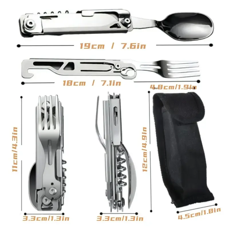 A Versatile Folding Outdoor Tableware Set With 5 In 1, Including Knife, Fork, Spoon, Bottle Opener, Made Of Stainless Steel, Easy To Clean, And Comes With A Storage Bag, Perfect For Camping.
