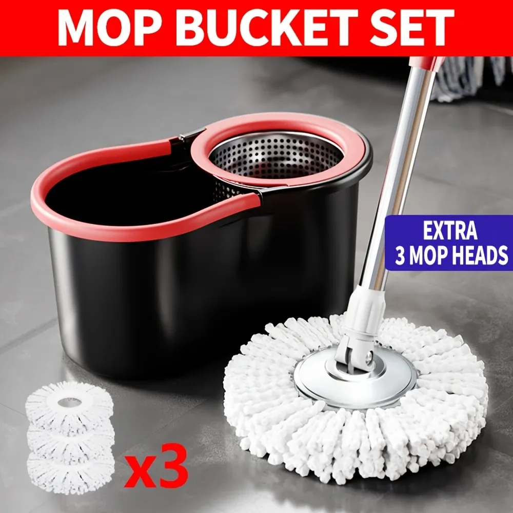 Rotating Mop and Bucket, 2-Piece Mop Head or Bucket Set with 360° Rotatable Mop, Includes 3 Microfiber Replacement Heads and 61-Inch Stainless Steel Adjustable Handle, Hands-Free Cleaning for Floor Cleaning, Cleaning Supplies