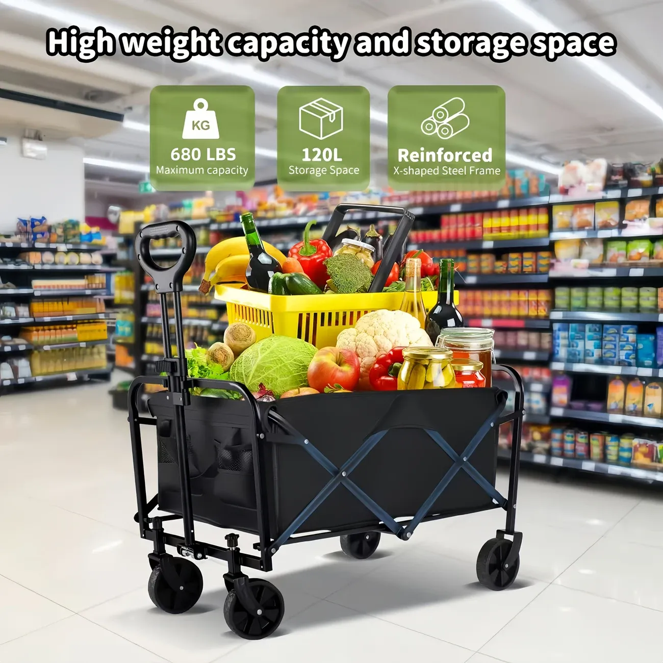 450 lb Capacity Heavy-Duty All-Terrain Folding Cart - Stainless Steel Frame and 600D Oxford Fabric, Foldable Multi-Purpose Wagon for Camping, Gardening, Beach, Shopping - No Assembly Required, Black Garden Tool Holder, Sturdy Handle Design, Durable Wheel Construction