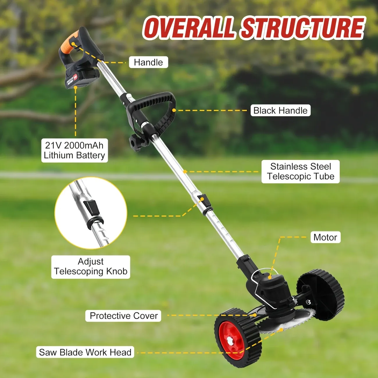 Powerful 24V Cordless Electric Weed Eater, 4-in-1 Versatility with Lawn Trimmer, Wheel Edger, Mini-Mower, and Brush Cutter Functions. Equipped with Multiple blades and String Trimmer for Lawns, Yards, and Gardens