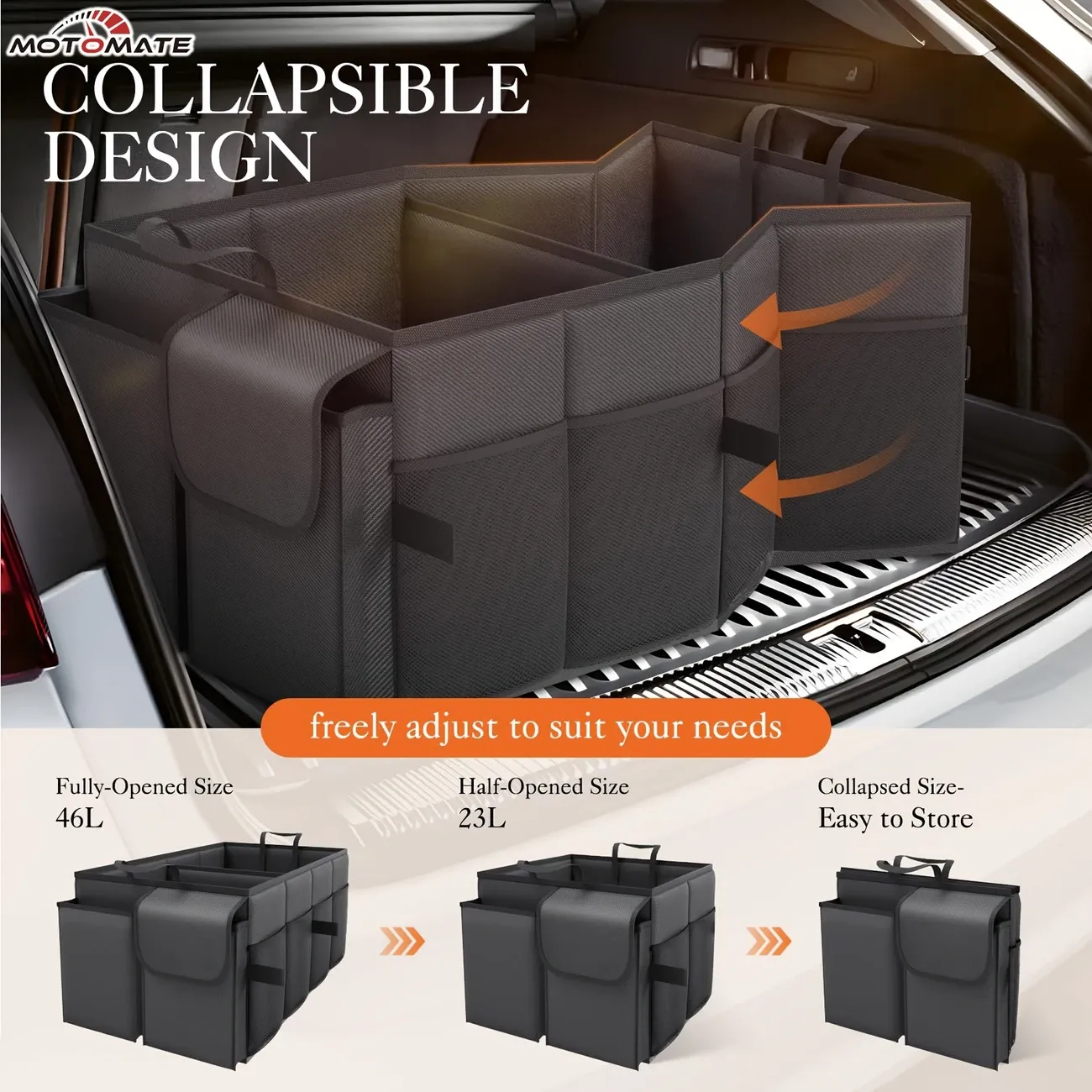 Foldable Car Trunk Organizer for SUVs & Sedans - Sturdy 2-Compartment Storage with Mesh Pockets & Side Pockets, Fit, 21.3x12.6x10.6, Black, Trunk Storage
