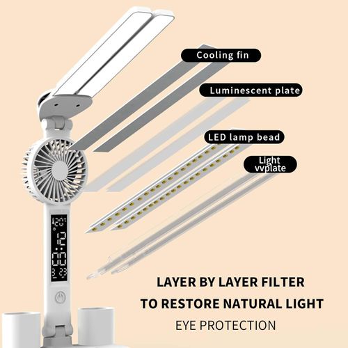 Desk lamp, LED Desk Lamps with Fans, USB Charging Port, Adjustable Foldable Table Lamp Touch Dimming Bedside Lamp with Pen Holder, Home Office Desk Lamp