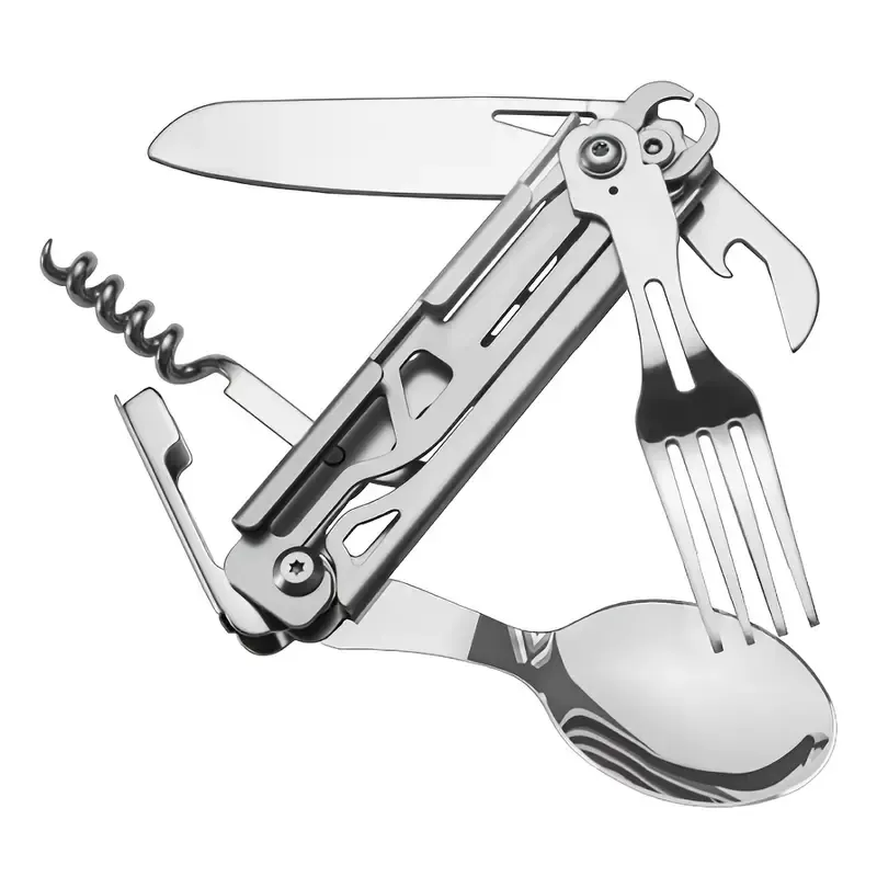 A Versatile Folding Outdoor Tableware Set With 5 In 1, Including Knife, Fork, Spoon, Bottle Opener, Made Of Stainless Steel, Easy To Clean, And Comes With A Storage Bag, Perfect For Camping.
