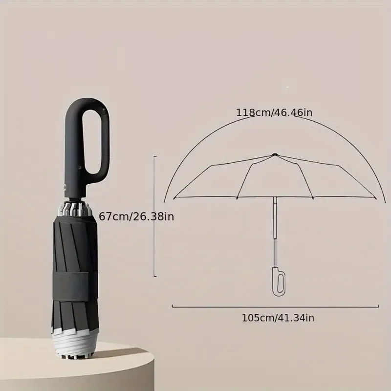 Windproof Automatic Reverse Open Umbrella with Snap Handle & Ring Closure, Reflective Safety Strips, 10-Rib Compact Folding Design for Travel - Casual, Business, Minimalist Styles, Umbrella Heavy Duty Windproof