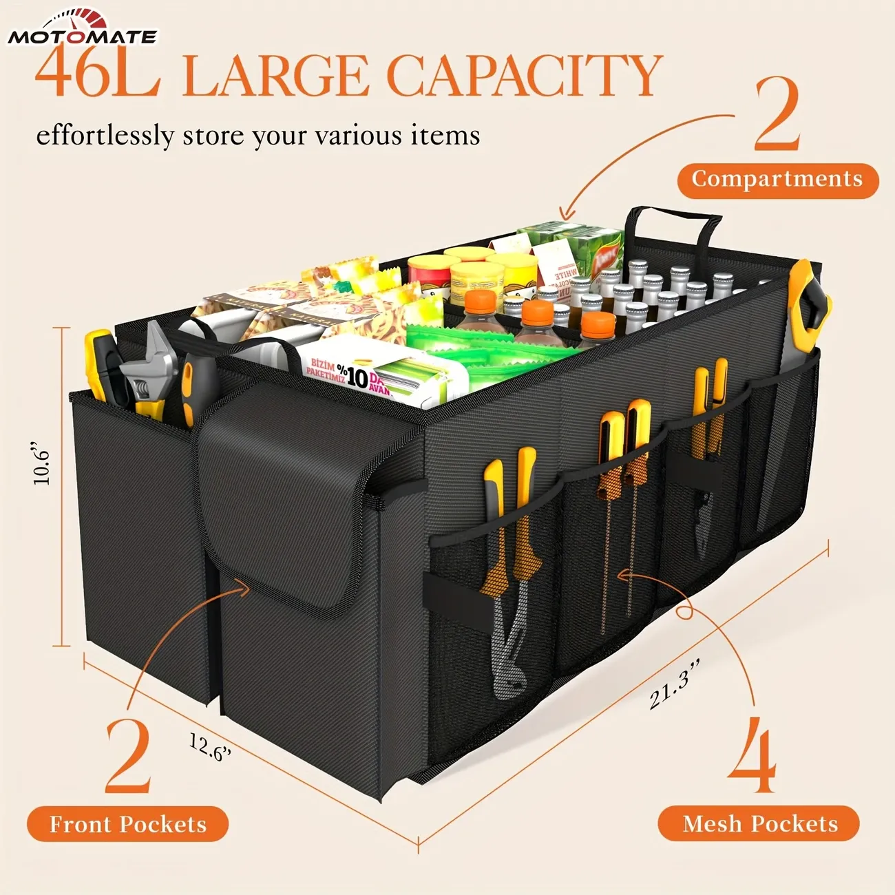 Foldable Car Trunk Organizer for SUVs & Sedans - Sturdy 2-Compartment Storage with Mesh Pockets & Side Pockets, Fit, 21.3x12.6x10.6, Black, Trunk Storage