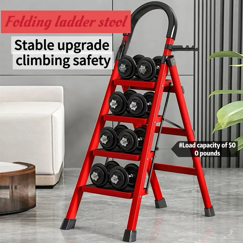 Durable Folding Ladder  500 lbs Capacity, Durable, Lightweight 4-Step Portable Folding Ladder | Heavy-Duty, Anti-Slip Pedals, Sturdy Design for Home and Industrial Use