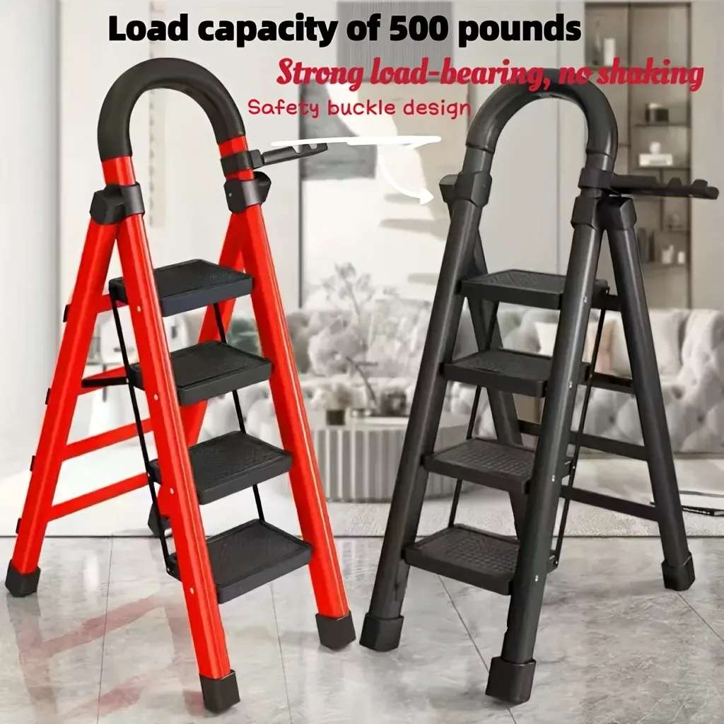 Durable Folding Ladder  500 lbs Capacity, Durable, Lightweight 4-Step Portable Folding Ladder | Heavy-Duty, Anti-Slip Pedals, Sturdy Design for Home and Industrial Use