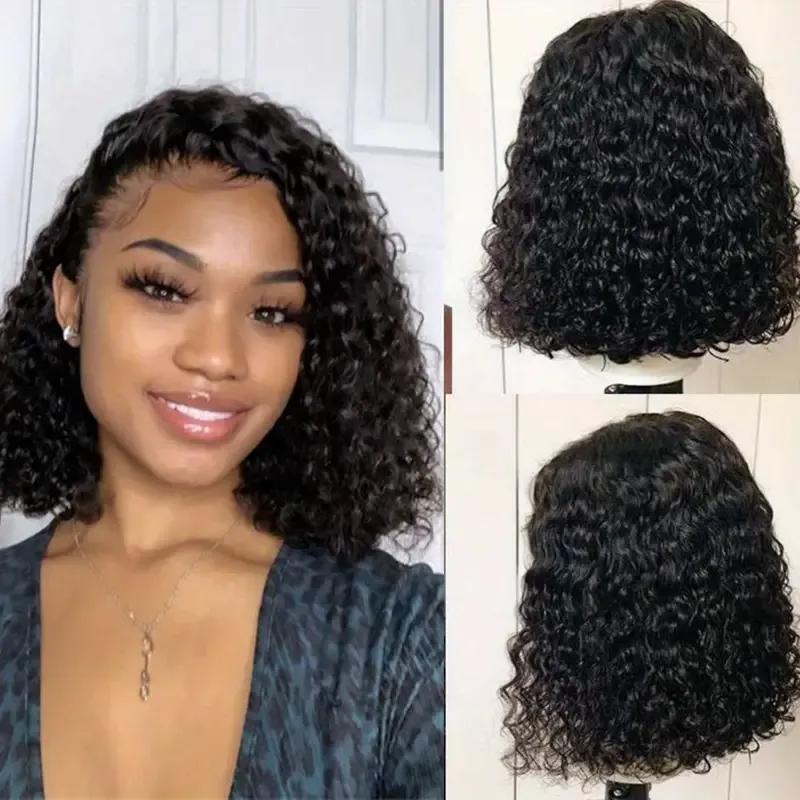 4x4 Put On And Go Glueless Bob Wig Human Hair Curly For Women Kinky Curly Lace Front Wig Human Hair Pre Plucked Pre Cut Lace Ready To Wear 180% Density Natural Black