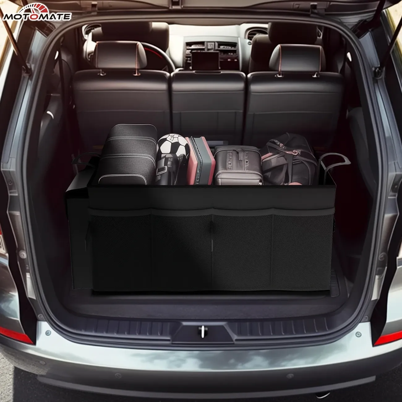 Foldable Car Trunk Organizer for SUVs & Sedans - Sturdy 2-Compartment Storage with Mesh Pockets & Side Pockets, Fit, 21.3x12.6x10.6, Black, Trunk Storage