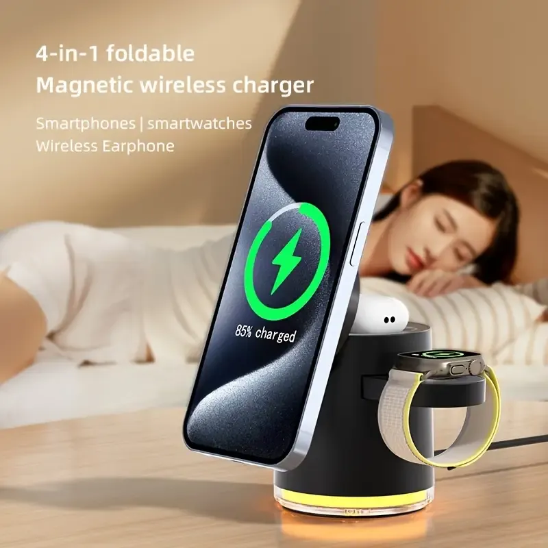 3in 1 Charging Station for Apple-Devices, Mag-Safe Charger Stand, CylinTrick-R Qi2 15W Auto-Rotating Wireless Charging Station for iPhone 16 15 14 13 12 Series& Air-Pods& IWatch(15W Charger Included)