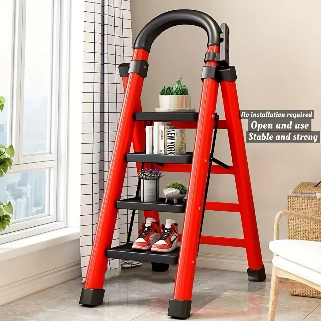 Durable Folding Ladder  500 lbs Capacity, Durable, Lightweight 4-Step Portable Folding Ladder | Heavy-Duty, Anti-Slip Pedals, Sturdy Design for Home and Industrial Use