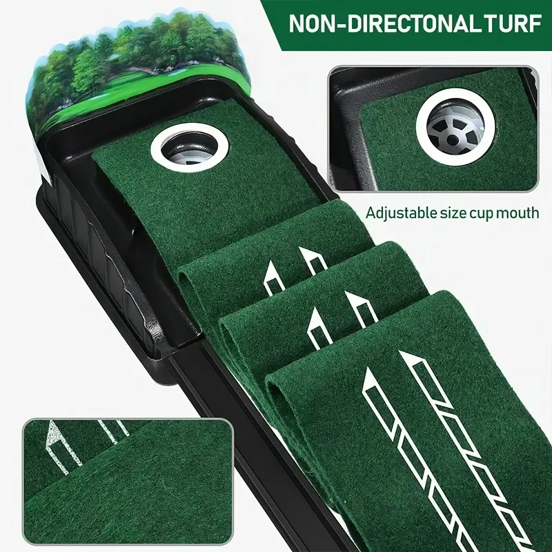 HUAEN Golf Accelerator Pro - 3, 5, 7ft Durable Polyester Indoor Putting Mat with Auto-Ball Return & Behind-the-Hole Collector - Perfect for Home & Outdoor Practice(Golf clubs not included)