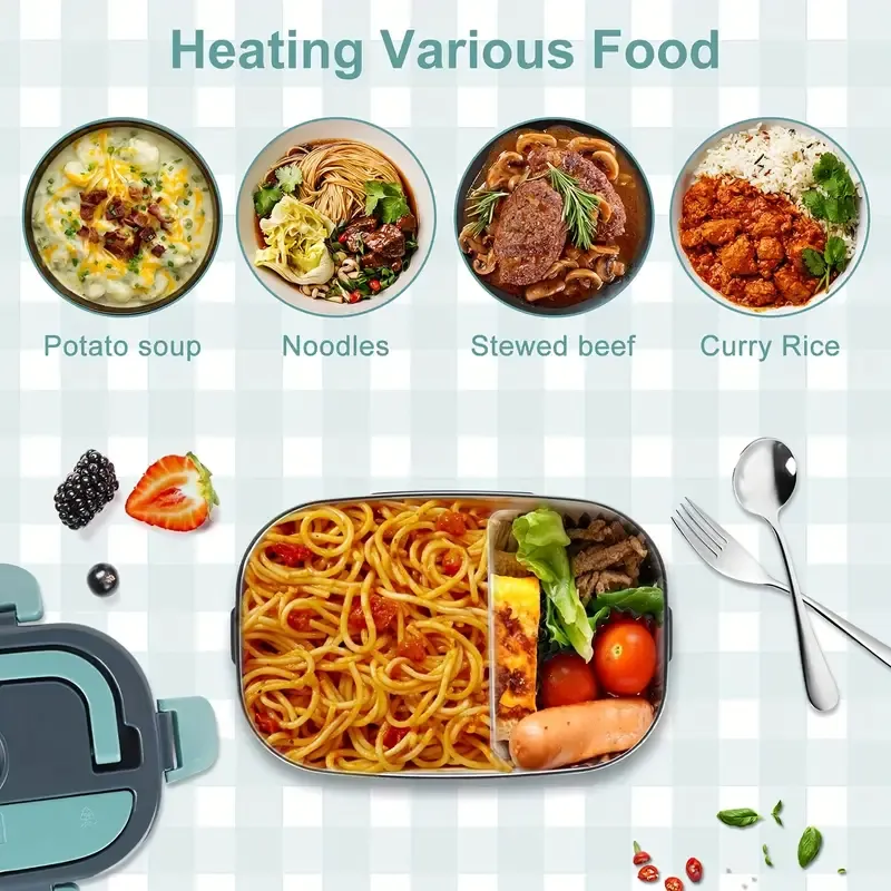 1 Set, Electric Heating Lunch Box Food Warmer, Portable Lunch Box for Home And Car, 12V 110V Adult Car Truck Work Lunch Box, 50.72oz Removable 304 Stainless Steel Container, Free Fork And Spoon with Insulation Bag, Can Be Used In Home Car Office Use