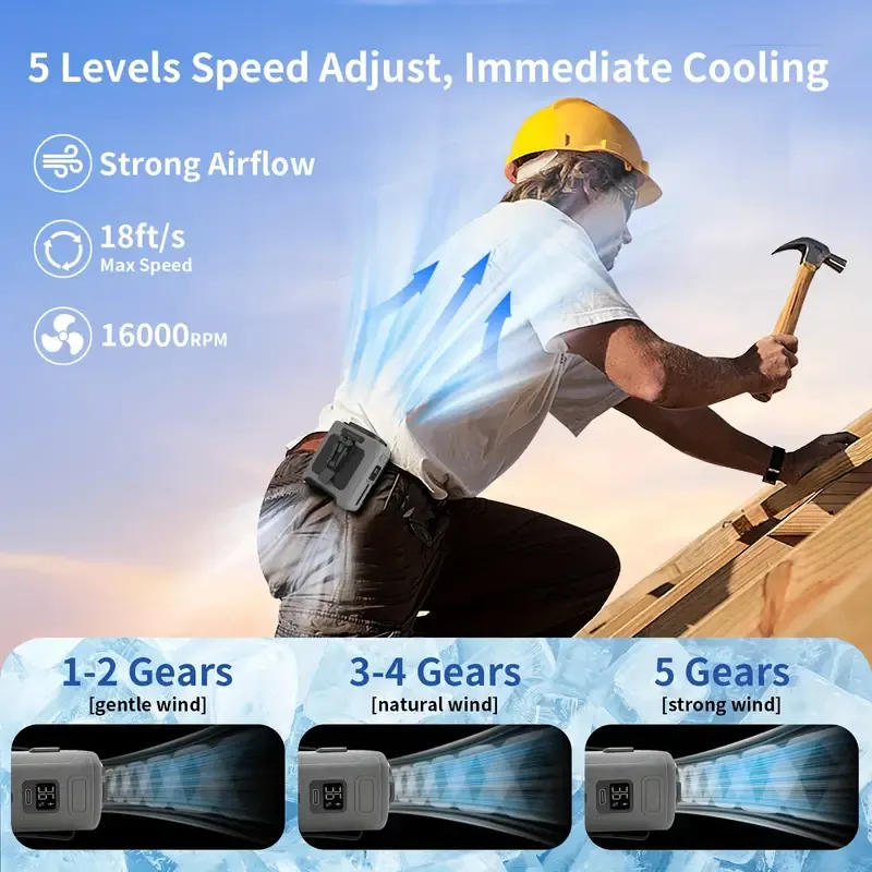 2025 pocket shirt fan, portable waist clip body fan, USB-C rechargeable, 5 adjustable gears, personal wearable 1-4h high power outdoor fan, more than 5 hours of battery life, compact belt fan, suitable for construction sites, portable fan for outdoor use