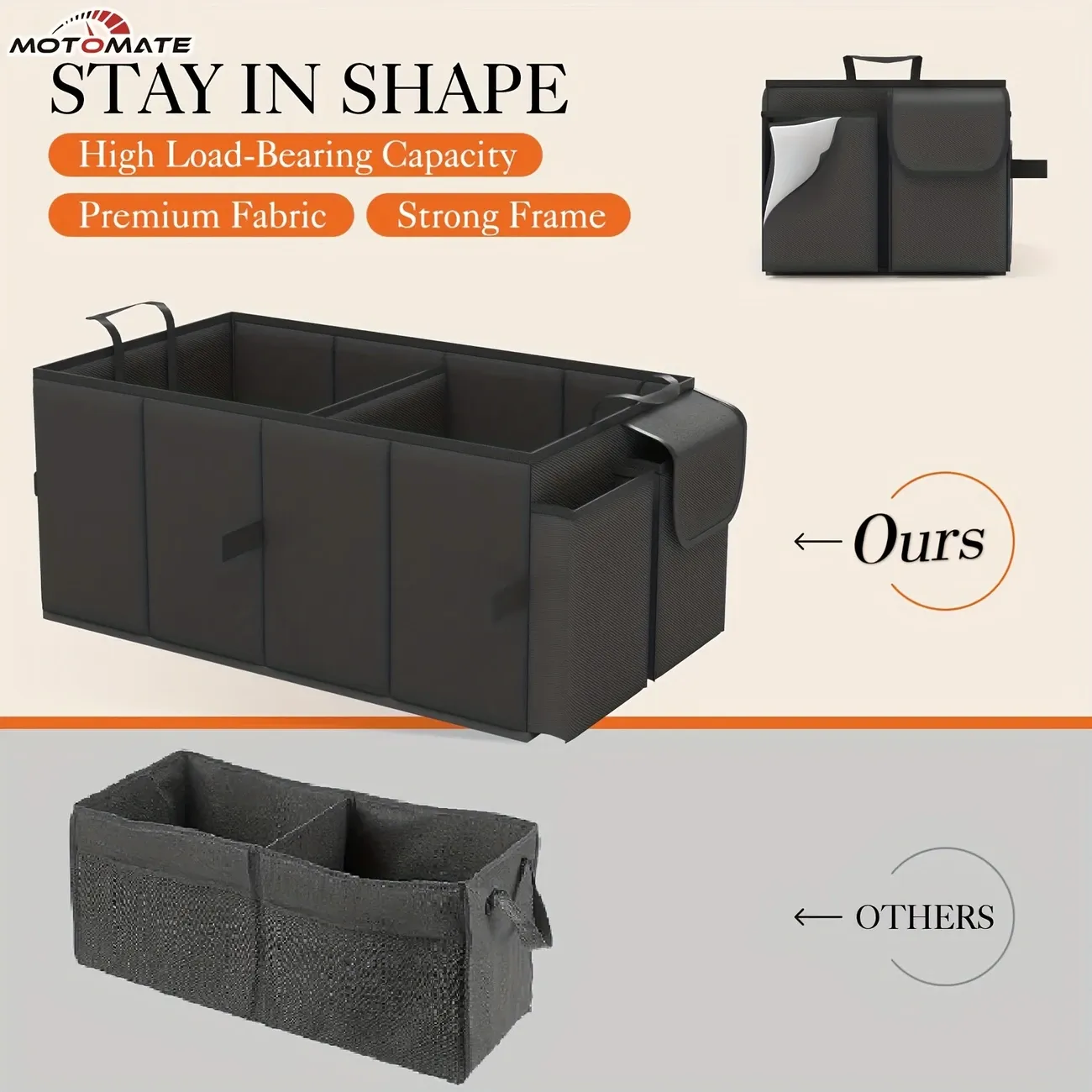 Foldable Car Trunk Organizer for SUVs & Sedans - Sturdy 2-Compartment Storage with Mesh Pockets & Side Pockets, Fit, 21.3x12.6x10.6, Black, Trunk Storage