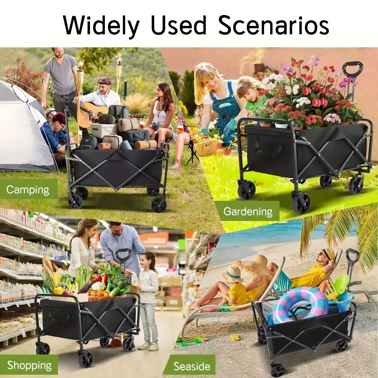 450 lb Capacity Heavy-Duty All-Terrain Folding Cart - Stainless Steel Frame and 600D Oxford Fabric, Foldable Multi-Purpose Wagon for Camping, Gardening, Beach, Shopping - No Assembly Required, Black Garden Tool Holder, Sturdy Handle Design, Durable Wheel Construction