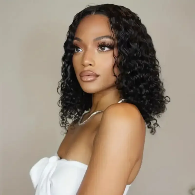 4x4 Put On And Go Glueless Bob Wig Human Hair Curly For Women Kinky Curly Lace Front Wig Human Hair Pre Plucked Pre Cut Lace Ready To Wear 180% Density Natural Black