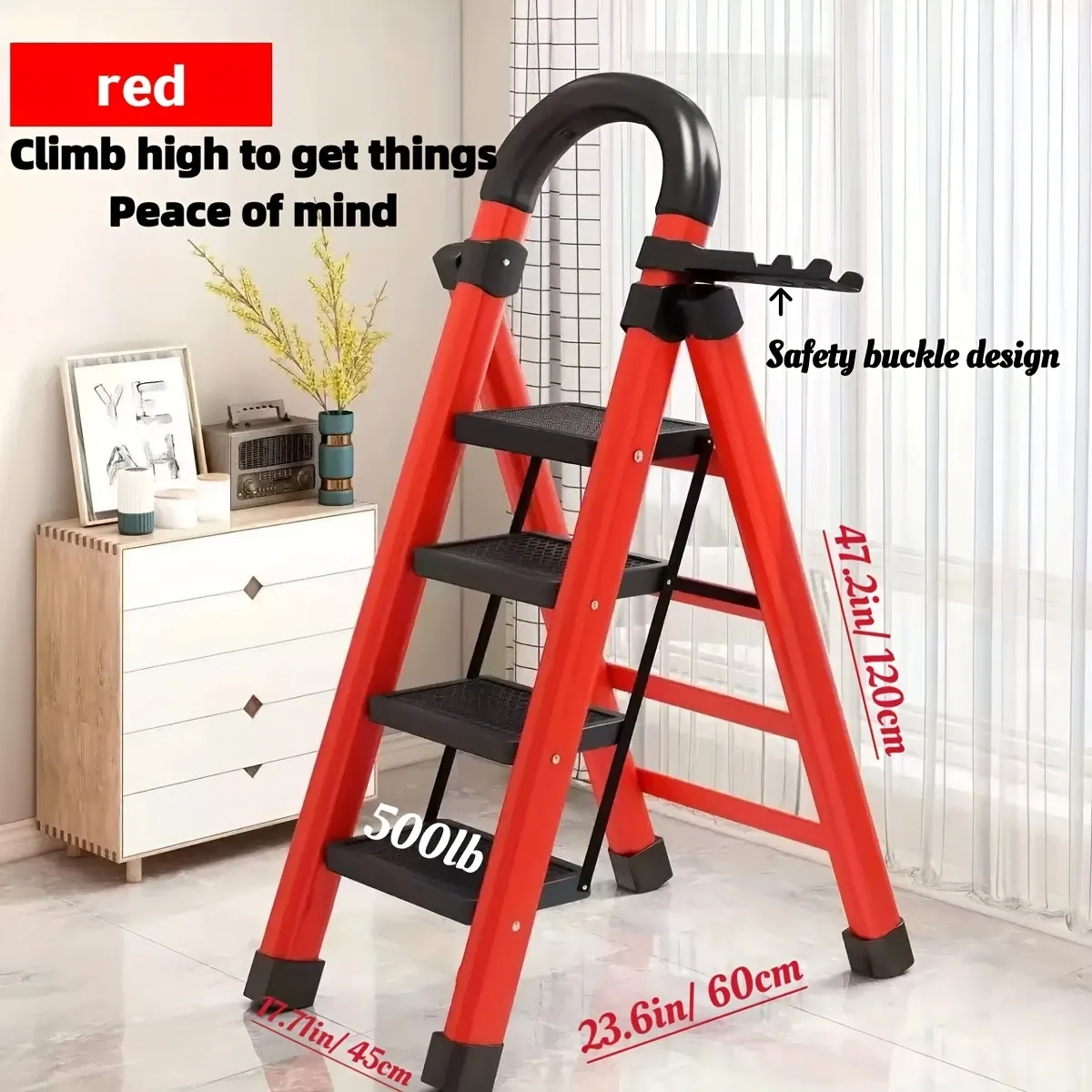 Durable Folding Ladder  500 lbs Capacity, Durable, Lightweight 4-Step Portable Folding Ladder | Heavy-Duty, Anti-Slip Pedals, Sturdy Design for Home and Industrial Use