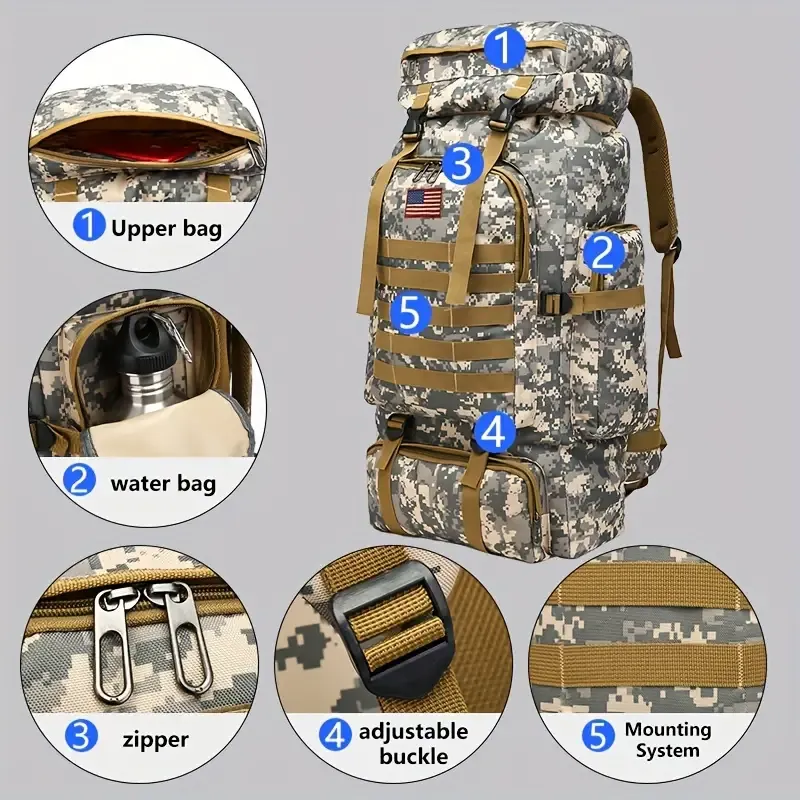 Gallon Tactical Hiking Backpack Set - Unisex Camouflage Color. Made of durable Oxford fabric, DIY system and adjustable design. Large capacity 3-day assault backpack, suitable for hiking, camping, hunting, travel and sports. Perfect for Halloween Christmas
