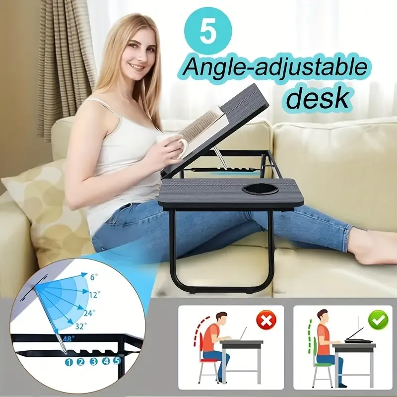 1 Multifunctional Adjustable Folding Table, 5 Corner Lift And Lower Casual Reading Table with Cup Holder, Anti-slip Strip, Portable Folding Laptop Desk Stand, Dormitory and Living Room,Bedroom,Youngsters's Study Table, Laptop Table,Bedside Table,Sofa Table
