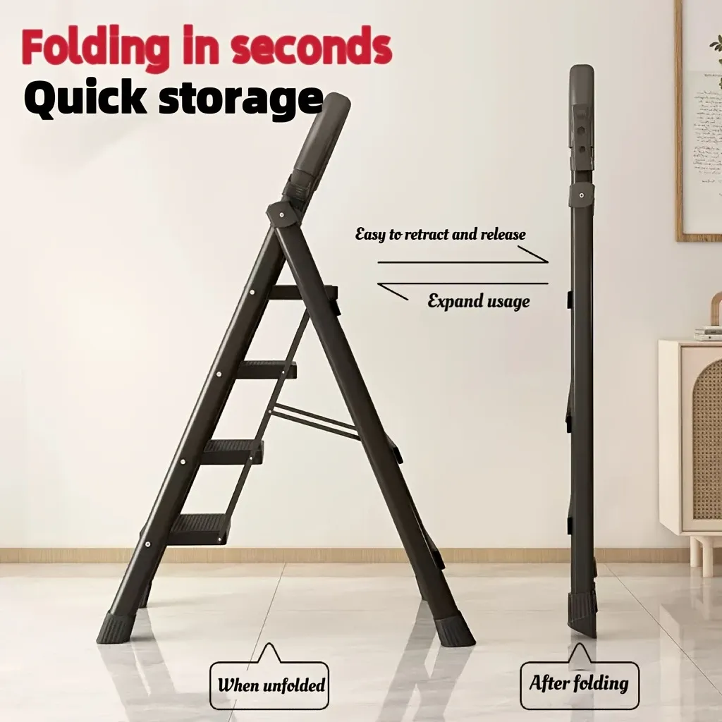 Durable Folding Ladder  500 lbs Capacity, Durable, Lightweight 4-Step Portable Folding Ladder | Heavy-Duty, Anti-Slip Pedals, Sturdy Design for Home and Industrial Use