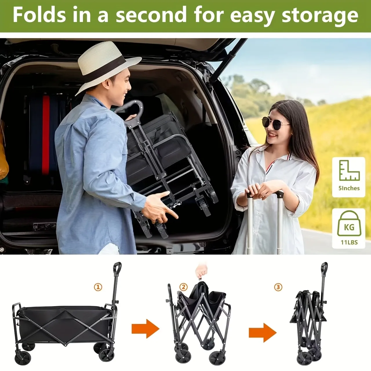 450 lb Capacity Heavy-Duty All-Terrain Folding Cart - Stainless Steel Frame and 600D Oxford Fabric, Foldable Multi-Purpose Wagon for Camping, Gardening, Beach, Shopping - No Assembly Required, Black Garden Tool Holder, Sturdy Handle Design, Durable Wheel Construction