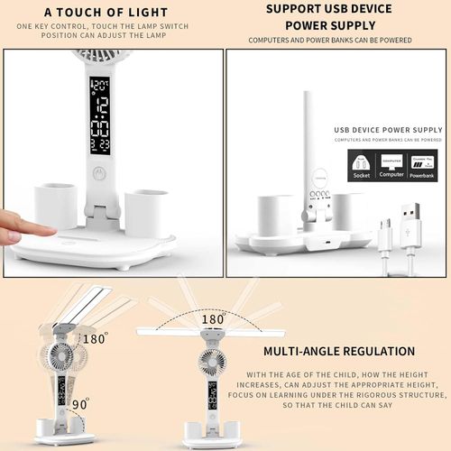 Desk lamp, LED Desk Lamps with Fans, USB Charging Port, Adjustable Foldable Table Lamp Touch Dimming Bedside Lamp with Pen Holder, Home Office Desk Lamp