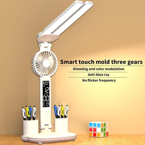Desk lamp, LED Desk Lamps with Fans, USB Charging Port, Adjustable Foldable Table Lamp Touch Dimming Bedside Lamp with Pen Holder, Home Office Desk Lamp