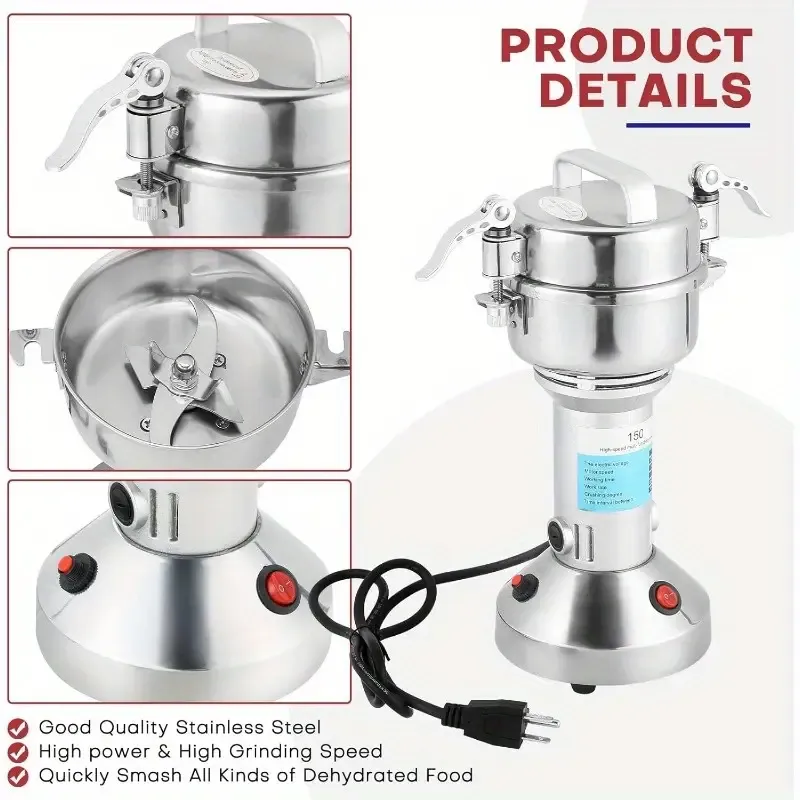 High-Speed Electric Grain Mill & Spice Herb Grinder - 750W Commercial Grade Stainless Steel, 28000RPM, 70-300 Mesh, 150g Capacity for Kitchen, Herbs, Spices, Peppers, Coffee