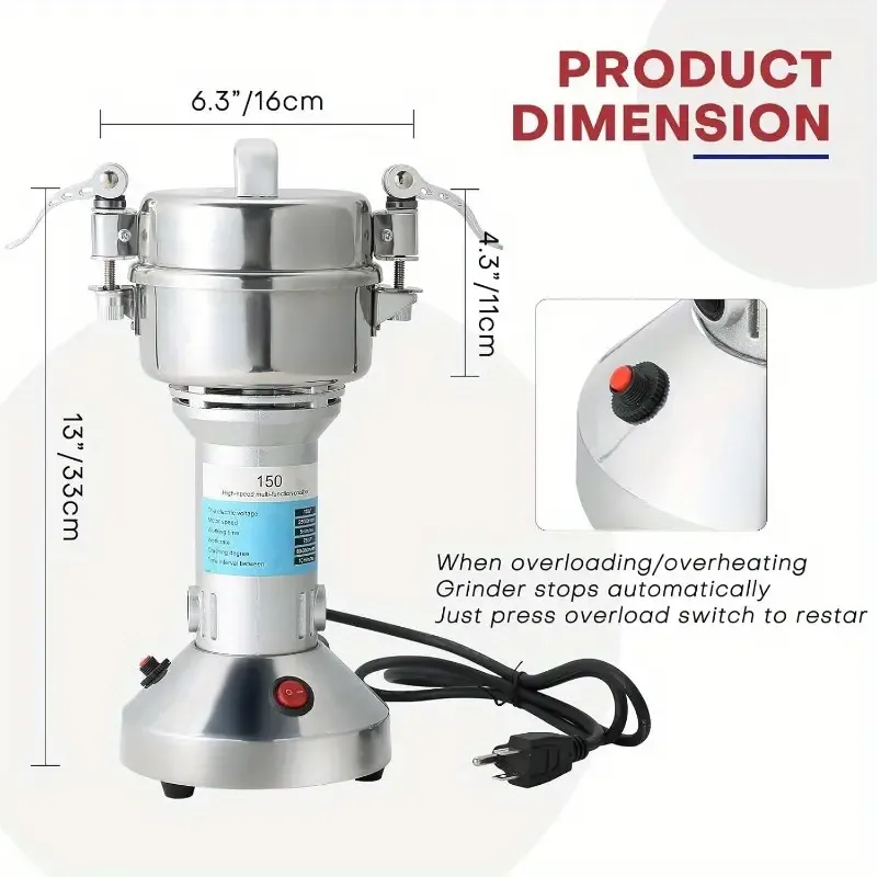 High-Speed Electric Grain Mill & Spice Herb Grinder - 750W Commercial Grade Stainless Steel, 28000RPM, 70-300 Mesh, 150g Capacity for Kitchen, Herbs, Spices, Peppers, Coffee