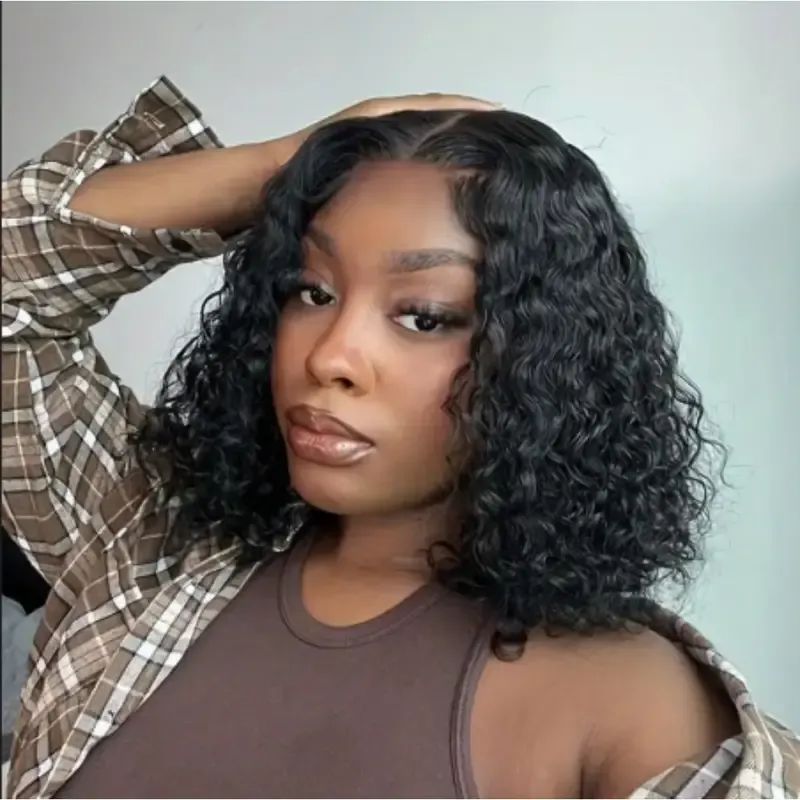 4x4 Put On And Go Glueless Bob Wig Human Hair Curly For Women Kinky Curly Lace Front Wig Human Hair Pre Plucked Pre Cut Lace Ready To Wear 180% Density Natural Black
