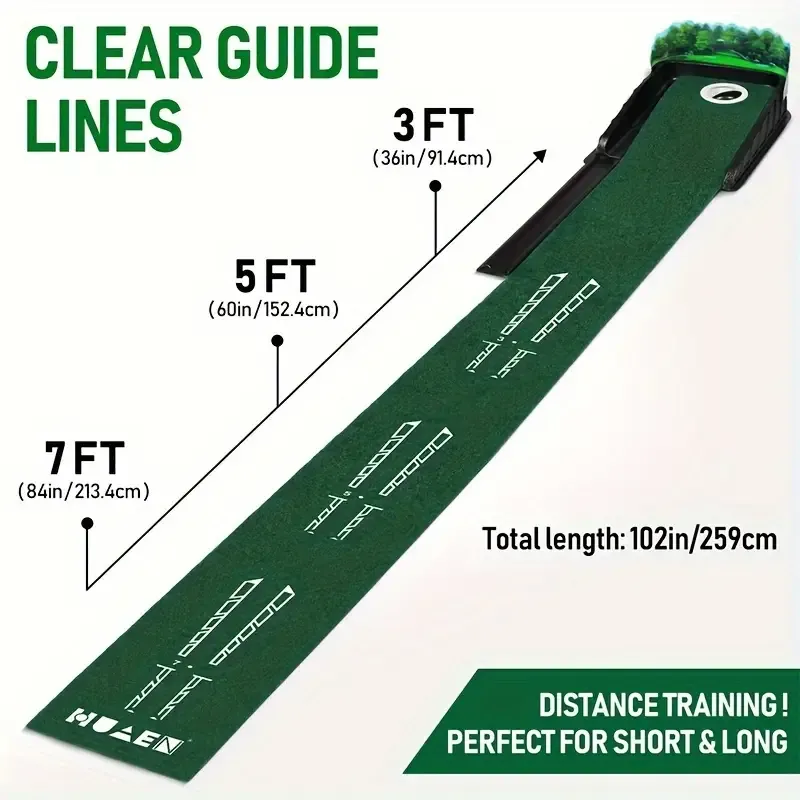 HUAEN Golf Accelerator Pro - 3, 5, 7ft Durable Polyester Indoor Putting Mat with Auto-Ball Return & Behind-the-Hole Collector - Perfect for Home & Outdoor Practice(Golf clubs not included)