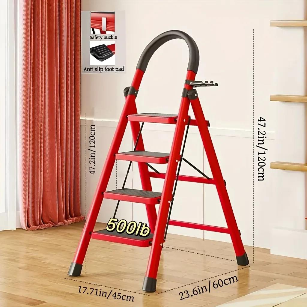 Durable Folding Ladder  500 lbs Capacity, Durable, Lightweight 4-Step Portable Folding Ladder | Heavy-Duty, Anti-Slip Pedals, Sturdy Design for Home and Industrial Use
