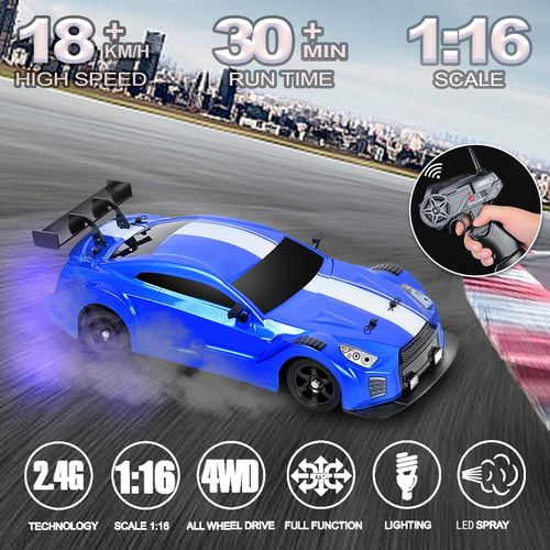 Remote Control Car RC Drift Car 1：16 Scale 4WD and High Speed RC Car 2.4GHz with LED Lights Spray Racing Toy Car for Adults Boys Girls Kids Birthday , Blue