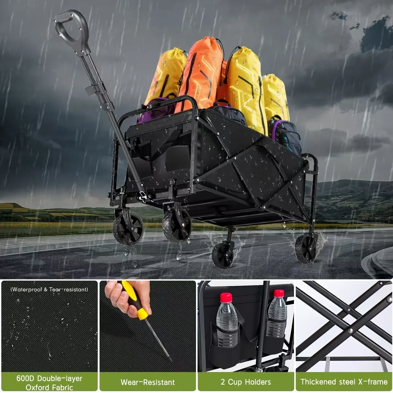 450 lb Capacity Heavy-Duty All-Terrain Folding Cart - Stainless Steel Frame and 600D Oxford Fabric, Foldable Multi-Purpose Wagon for Camping, Gardening, Beach, Shopping - No Assembly Required, Black Garden Tool Holder, Sturdy Handle Design, Durable Wheel Construction