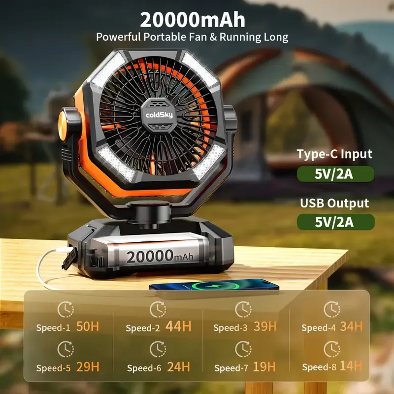 20000mAh Camping Fan with Dual Motor, Battery Powered Fan with 4 LED Lanterns, 8 Speed Desk Fan with Remote Control, Portable Outdoor Fan with Hook for Tent, Power Outage, Construction Site