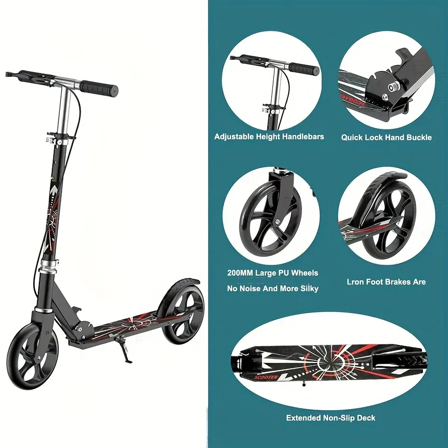 Portable Folding Scooter  Adjustable Handgrip Portable Folding Scooter | Suitable For Teenagers And Adults Over 14 Years Old, Maximum Load-bearing 220LB, With Handbrake And Foot Brake, Non-Electric Scooter